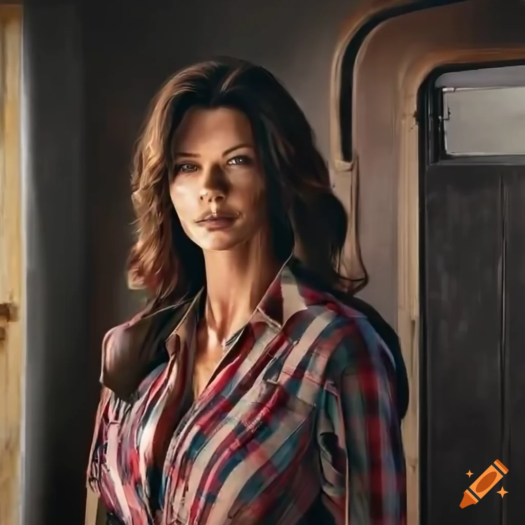 portrait of a celebrity-like woman in a caravan-trailer doorway