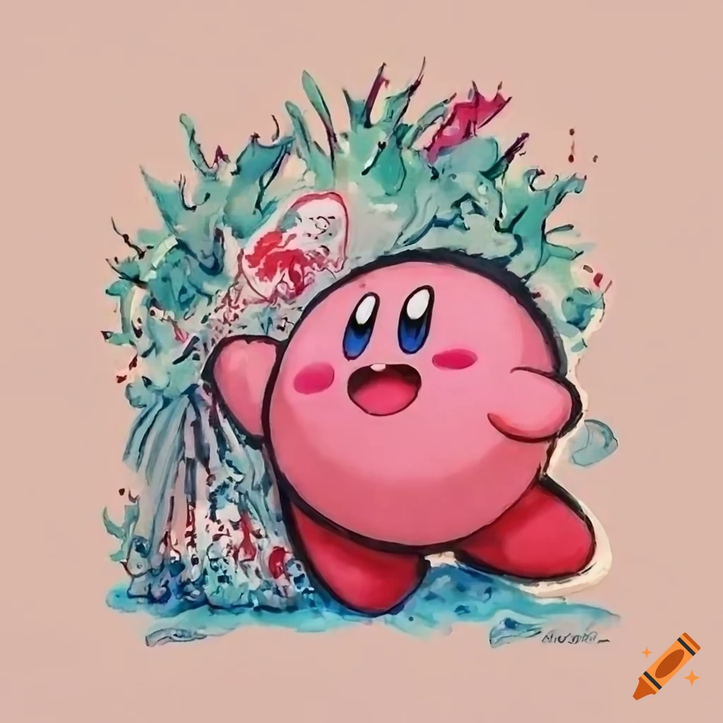 Japanese ink painting of kirby in dreamland on Craiyon