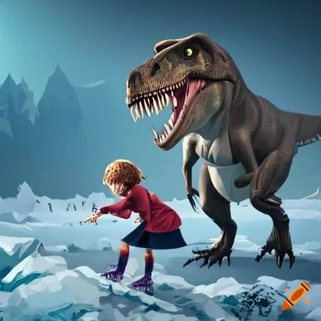 illustration of a schoolgirl facing a t-rex in icy terrain