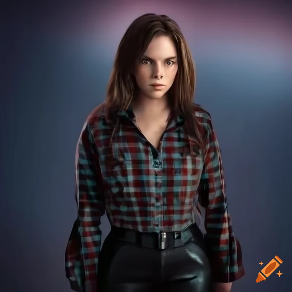 photorealistic image of an actress in plaid shirt and leather trousers