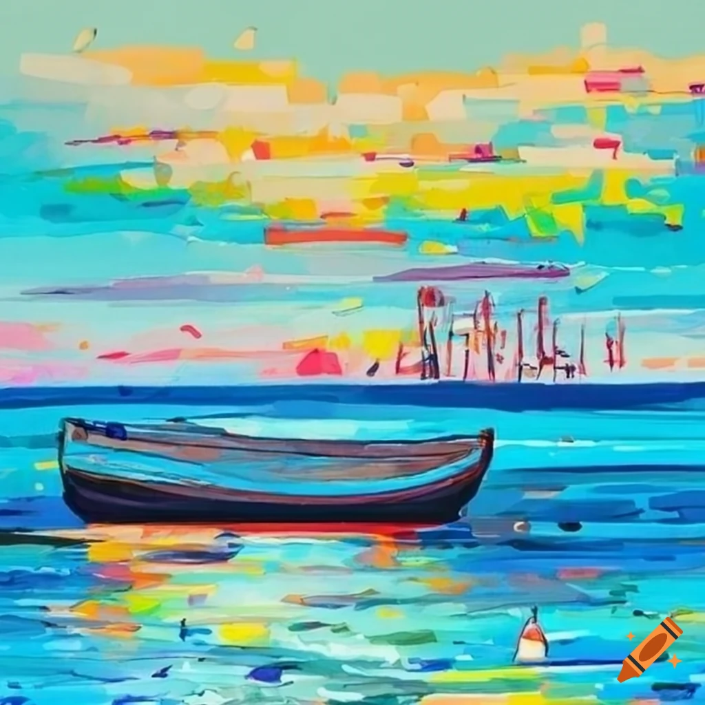 Colorful coastal landscape artwork with a boat