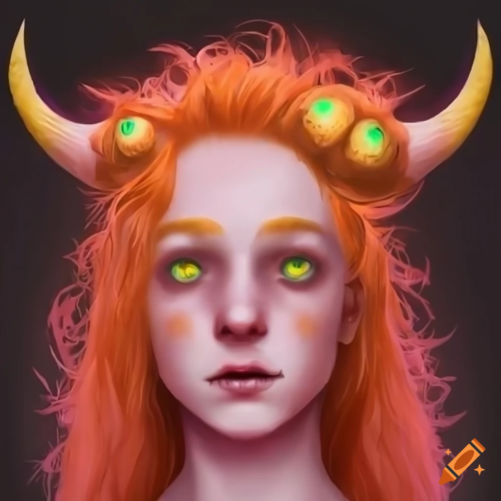 art of a pink-skinned fantasy creature with red hair