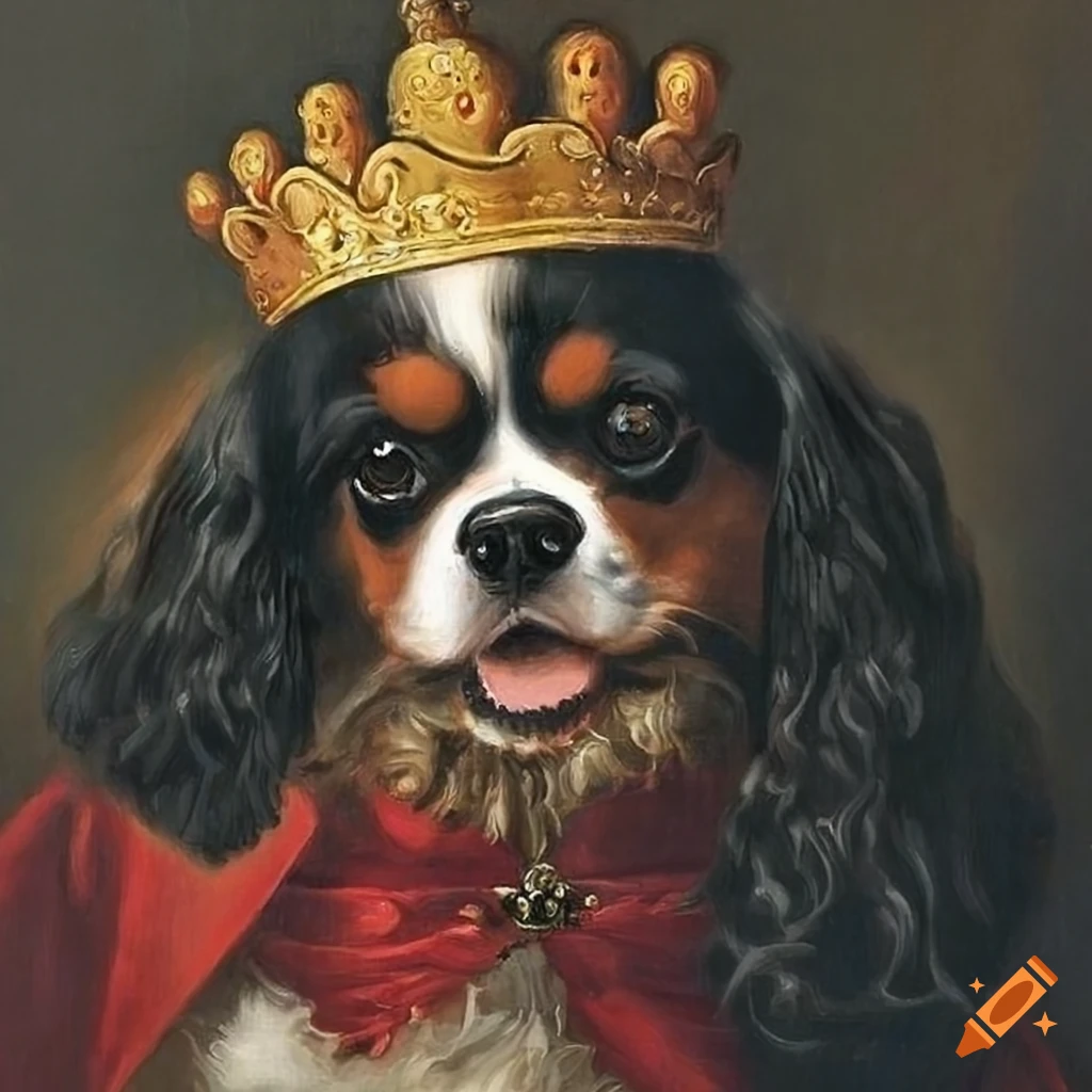 Portrait of a black cavalier king charles in king's attire on Craiyon