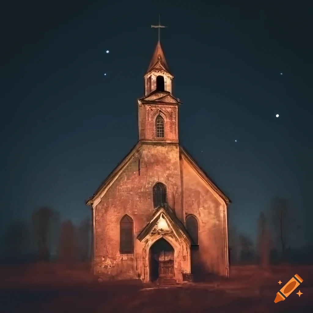 burning church under full moon in dark night sky