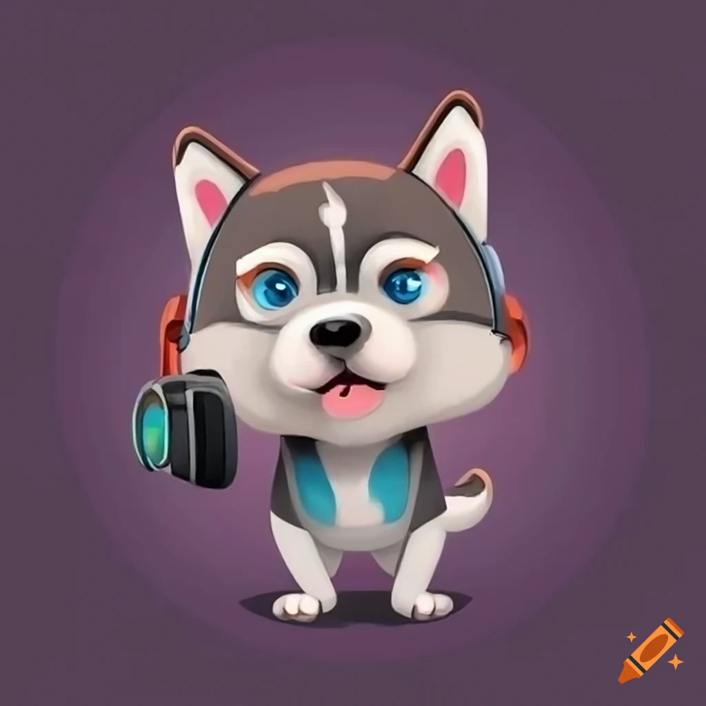 Cartoon husky dog with gaming headset on Craiyon