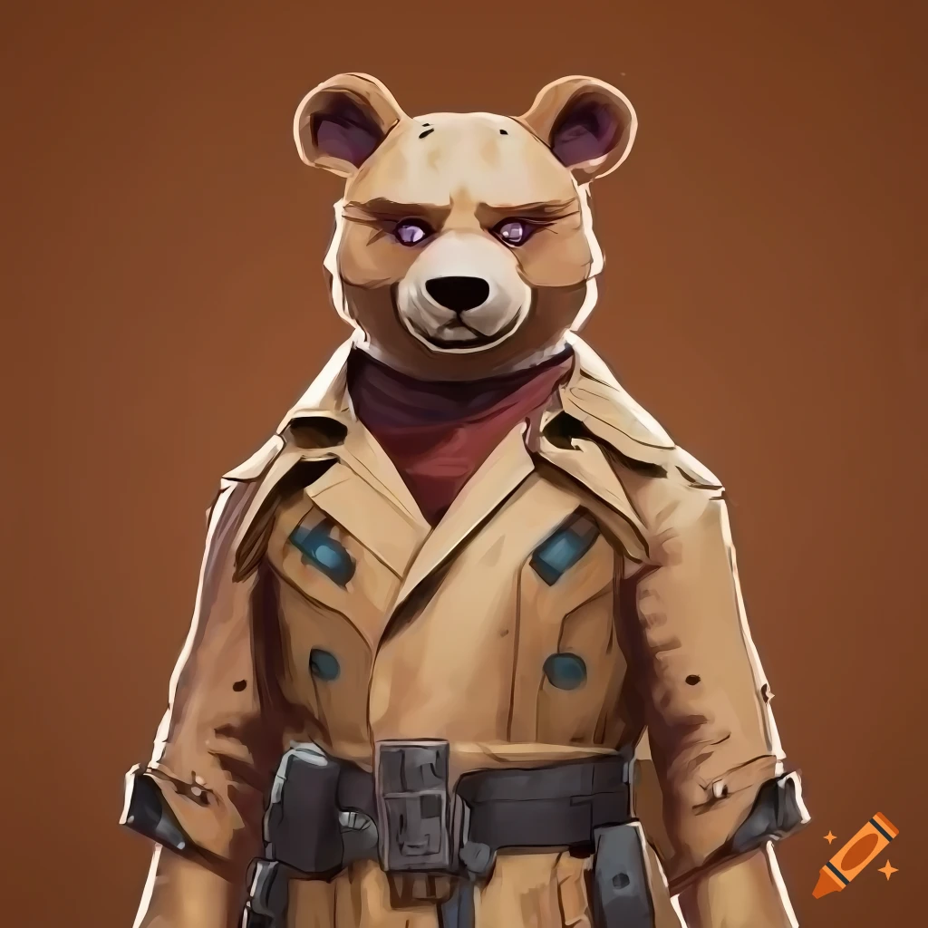 Illustration of a bear wearing a coat and body armor on Craiyon