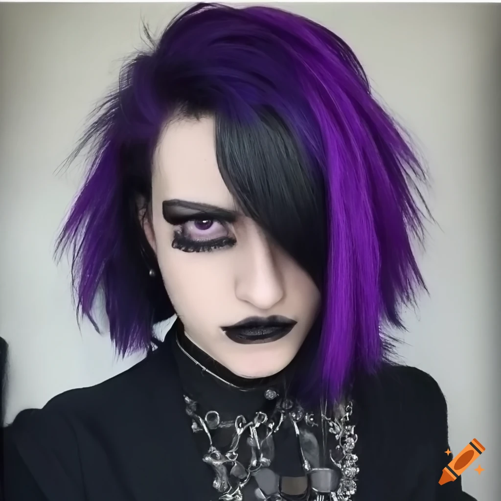 Portrait of a goth guy with purple and black hair