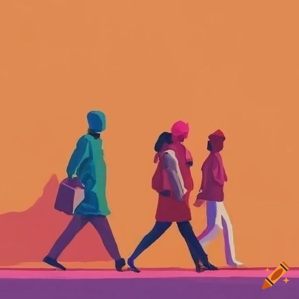 Retro gouache style illustration of people walking in line on Craiyon