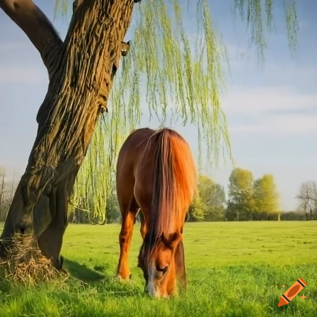 Horse grazing peacefully next to a willow tree on Craiyon