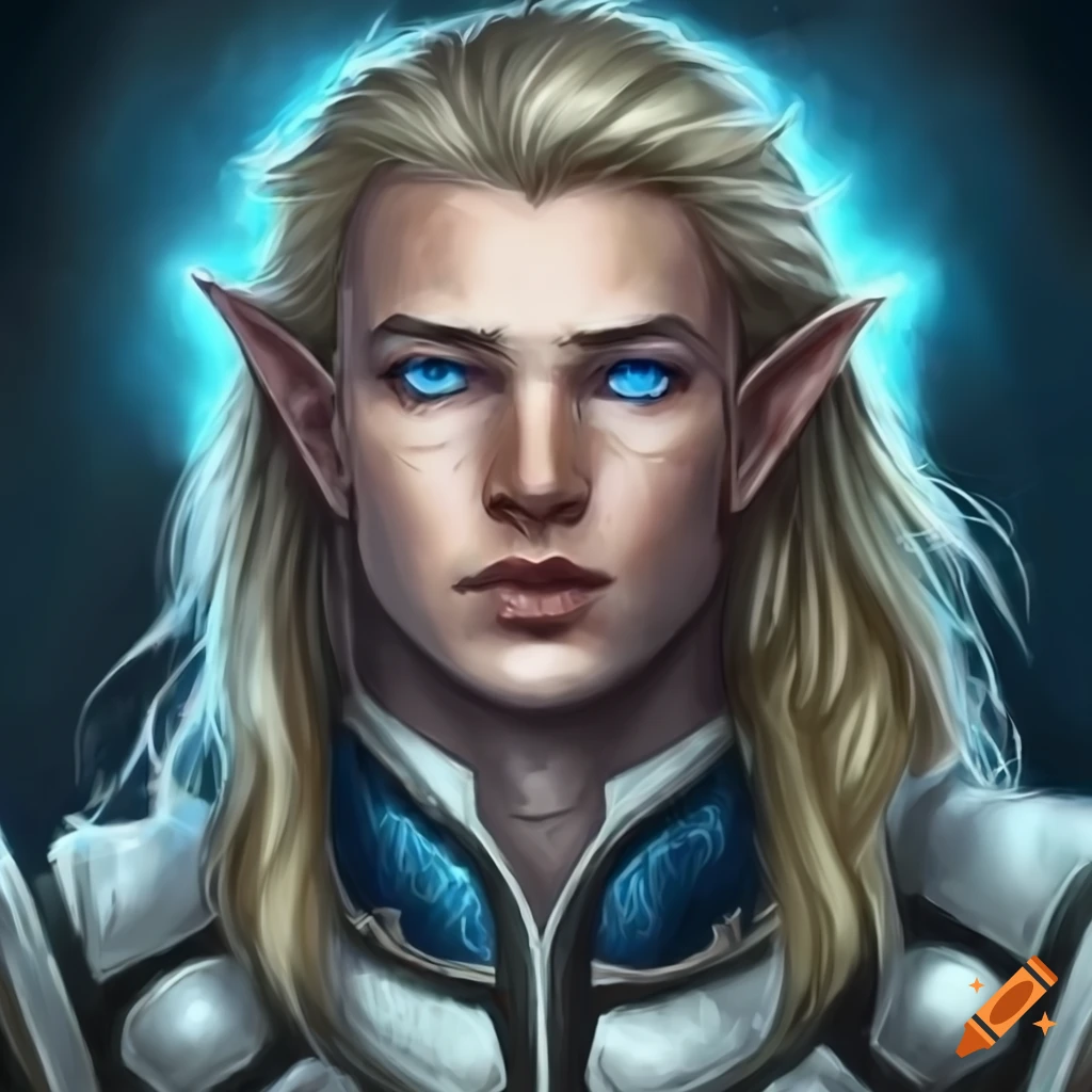 Image of a handsome high elf paladin with glowing blue eyes