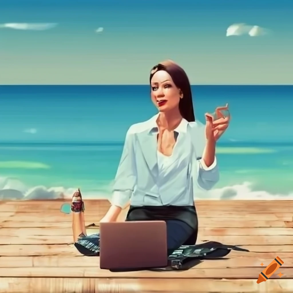 Successful Woman Working On Laptop With Beach View On Craiyon successful-woman-working-on-laptop-with-beach-view-on-craiyon