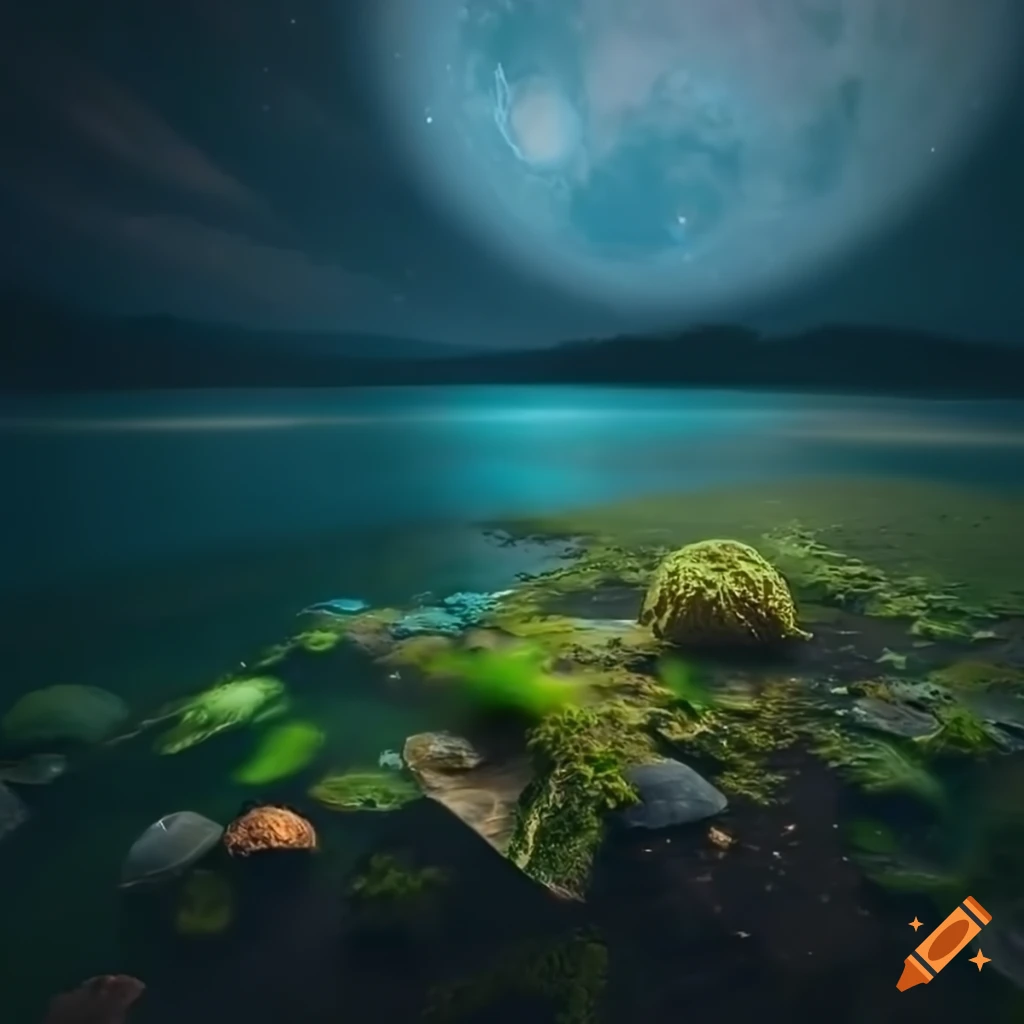 Night view of an alien planet with a lake and multiple moons on Craiyon