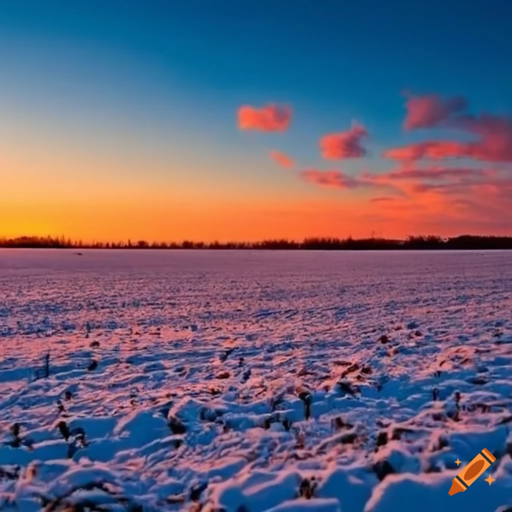 Sunset over snowy cornfield on Craiyon