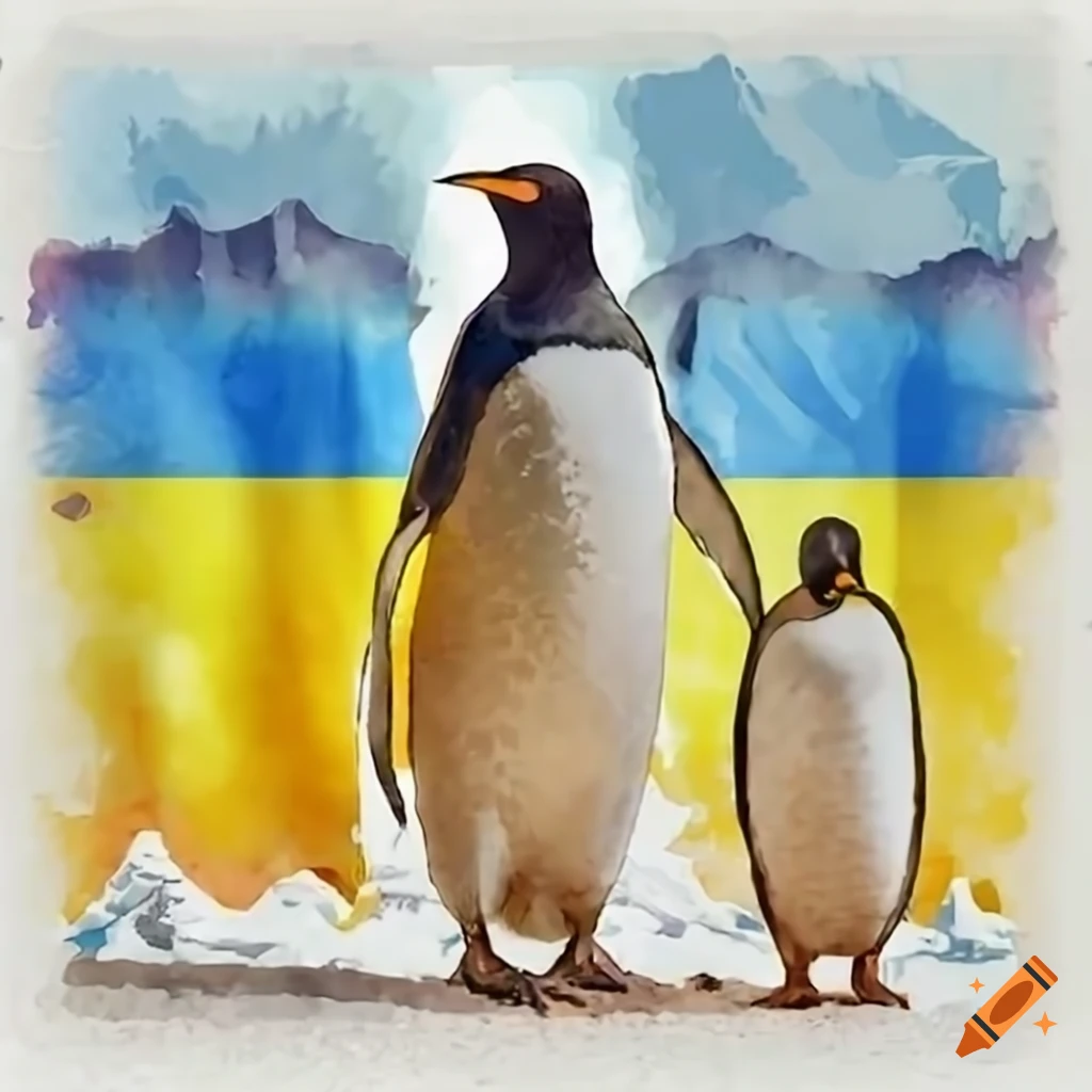 Emperor and royal penguins with ukrainian flag in antarctica on Craiyon