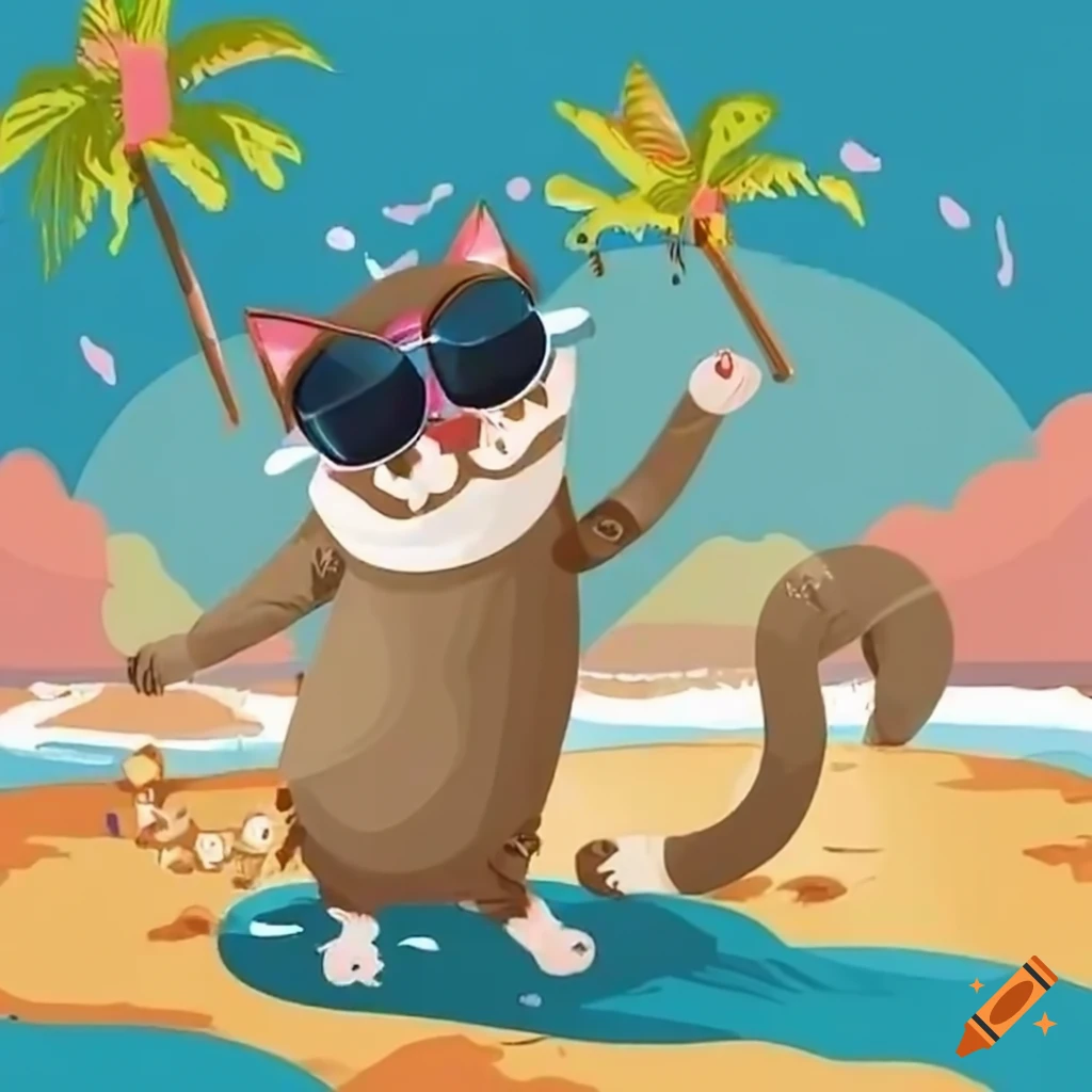 Cats Wearing Sunglasses And Dancing At A Beach Party