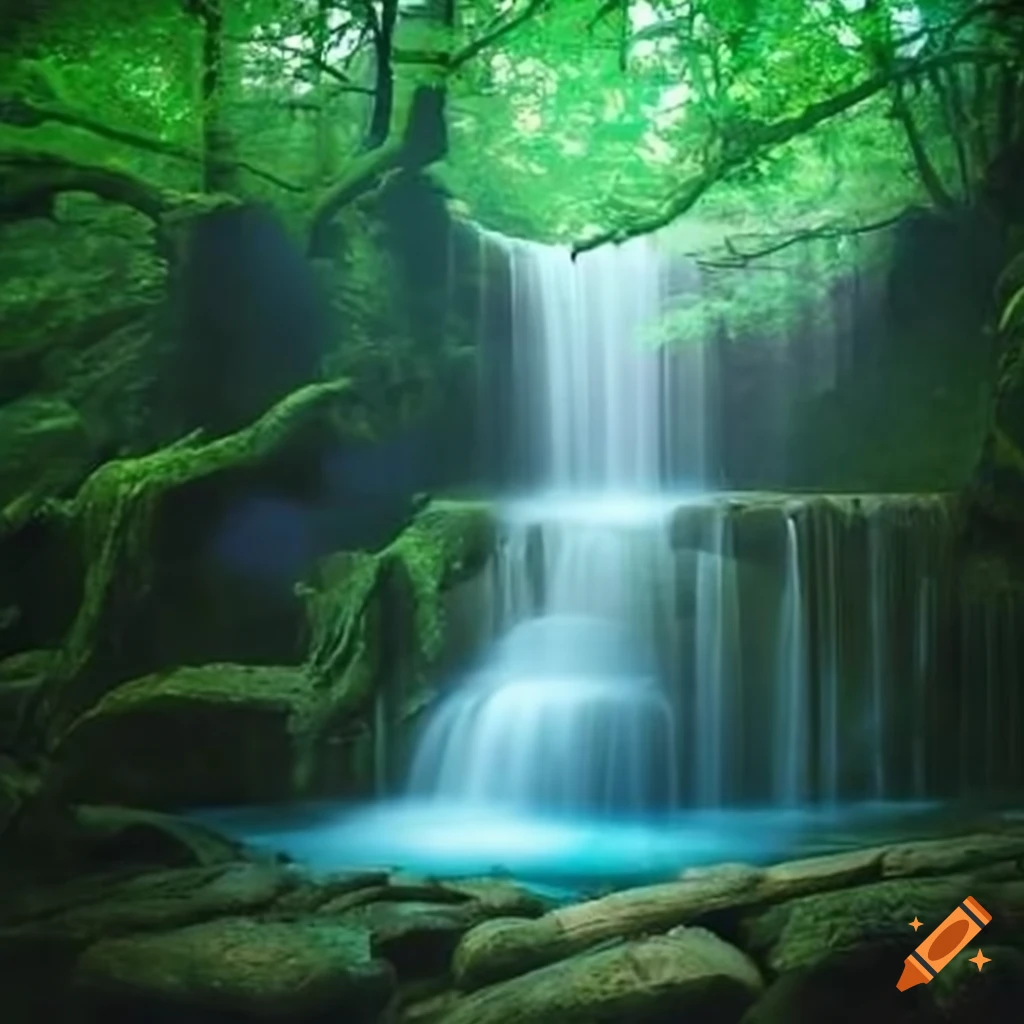Angelic waterfall in a mystical forest on Craiyon