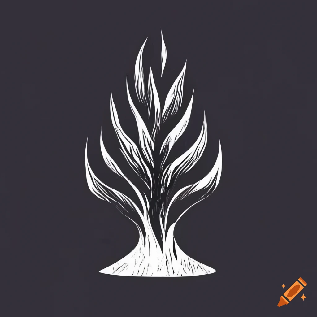 black and white tree sculpture and flame logo