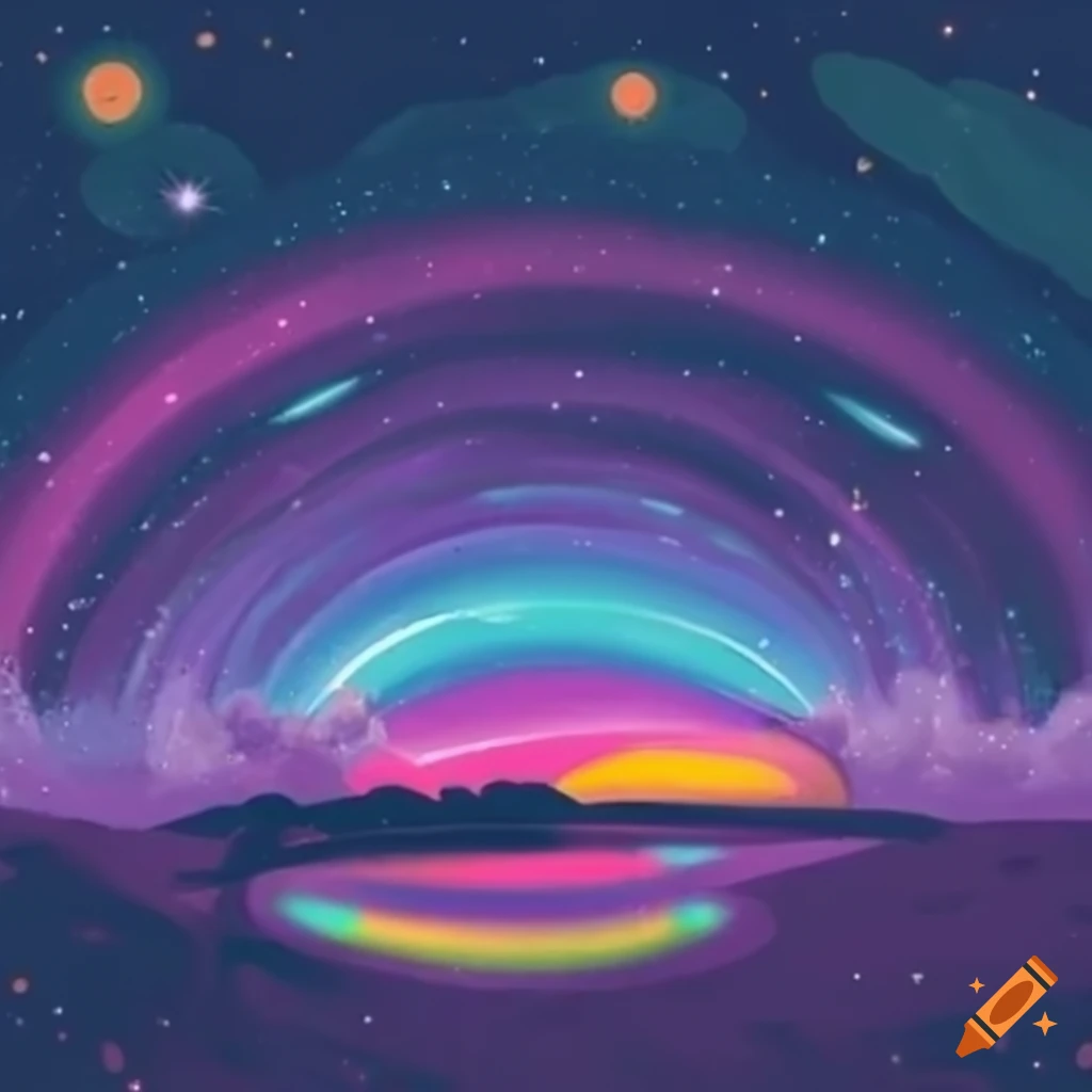 Nighttime Beach With Galaxy Sky And Rainbow Road On Craiyon