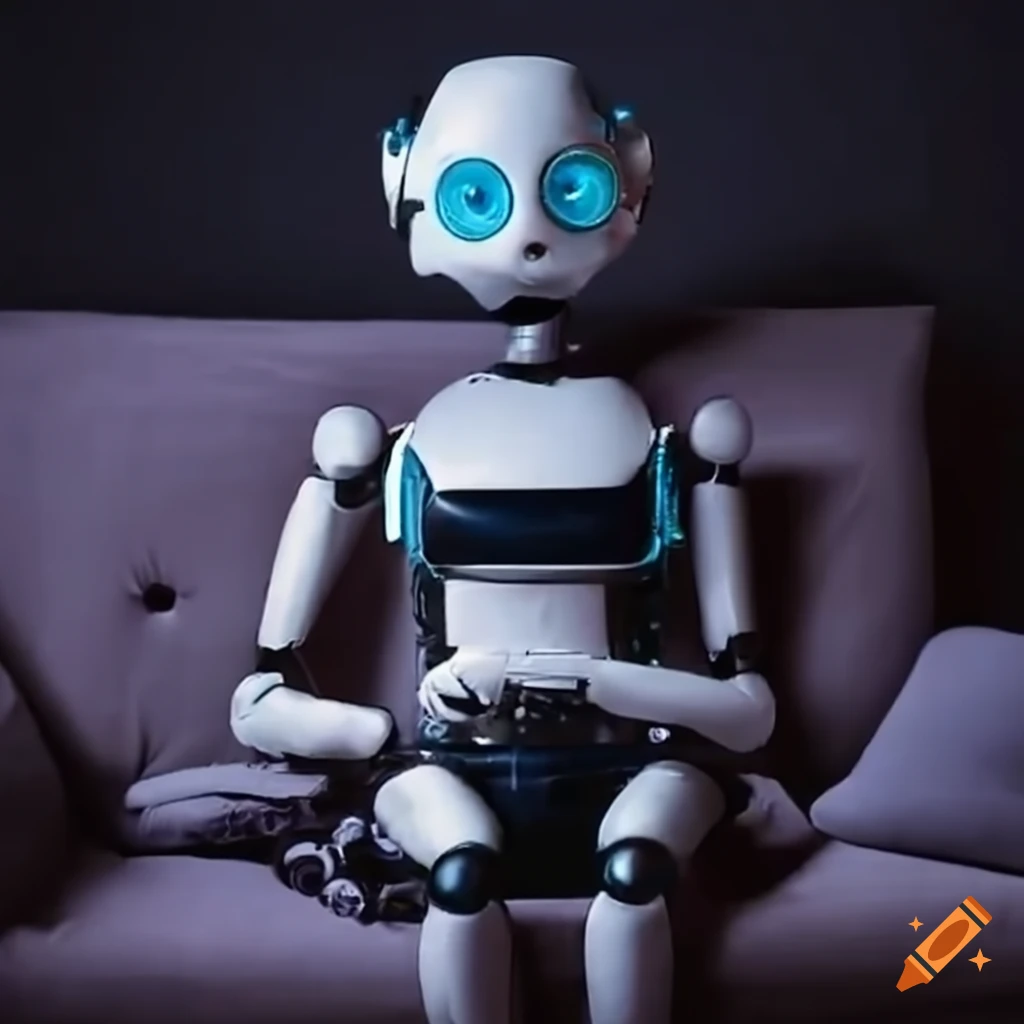 robot playing video games on the sofa