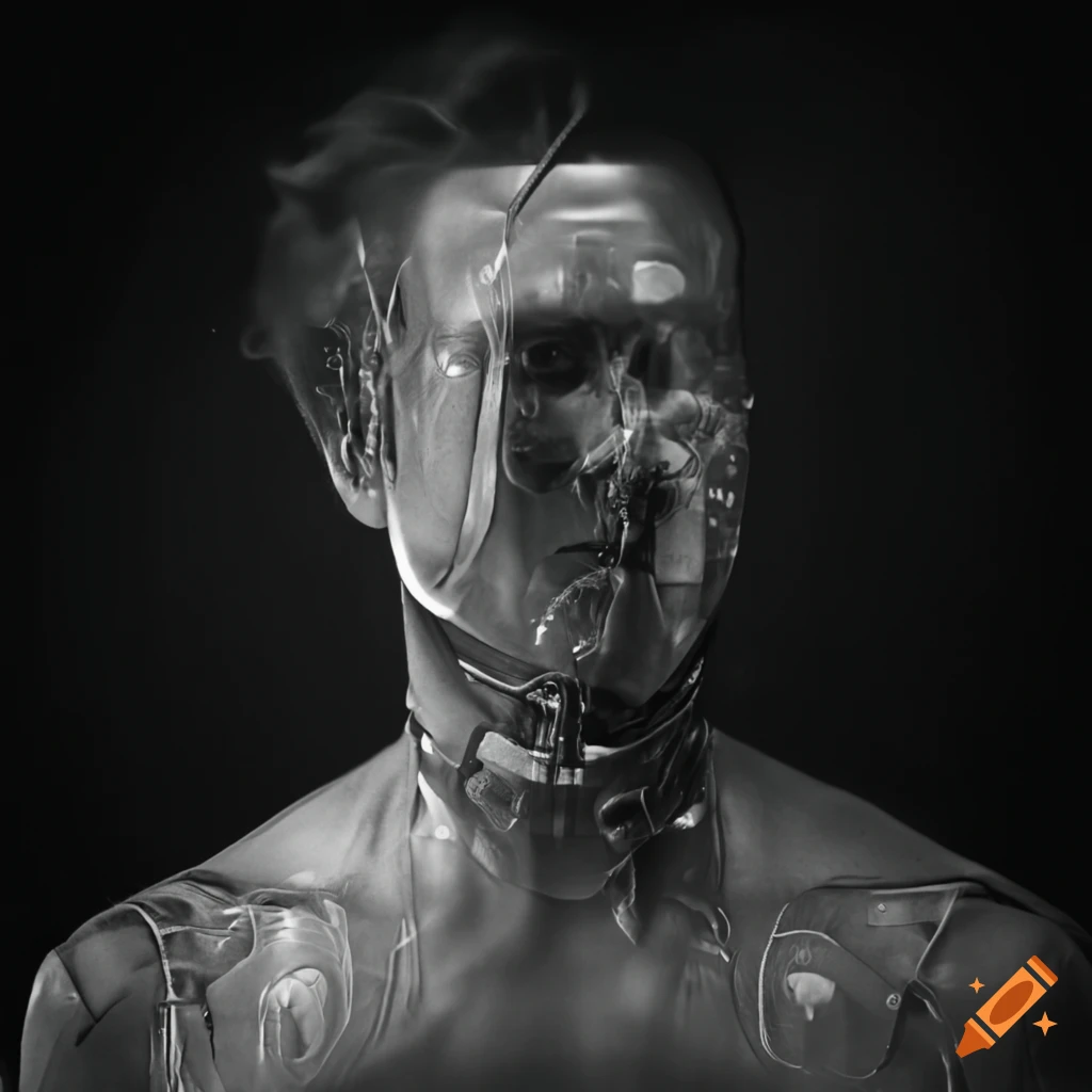 photo of a male cyborg wearing transparent acrylic dress shirt