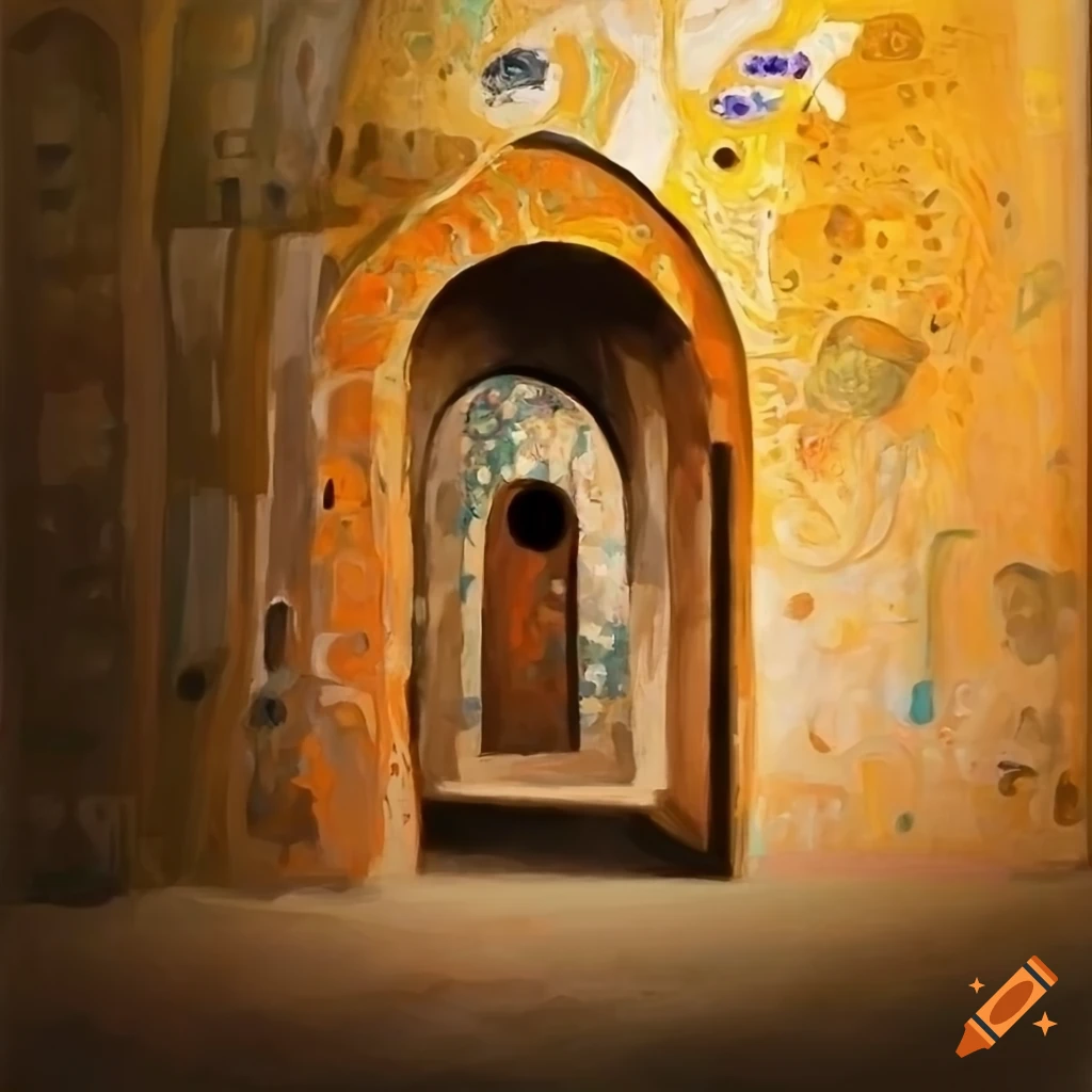 painting of ruins in Gustav Klimt style