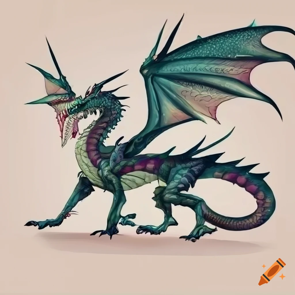 detailed concept design of a dragon with wings and four legs