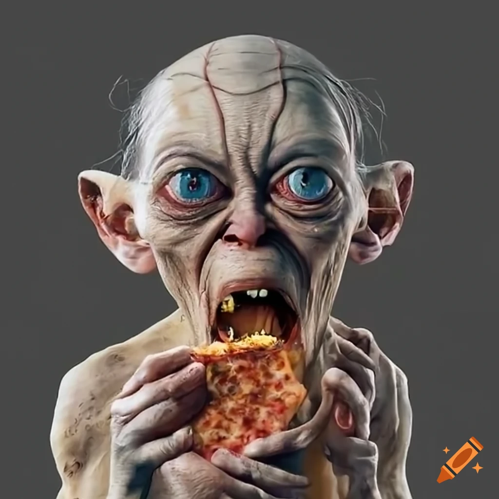 satirical image of Gollum eating pizza at Mount Doom