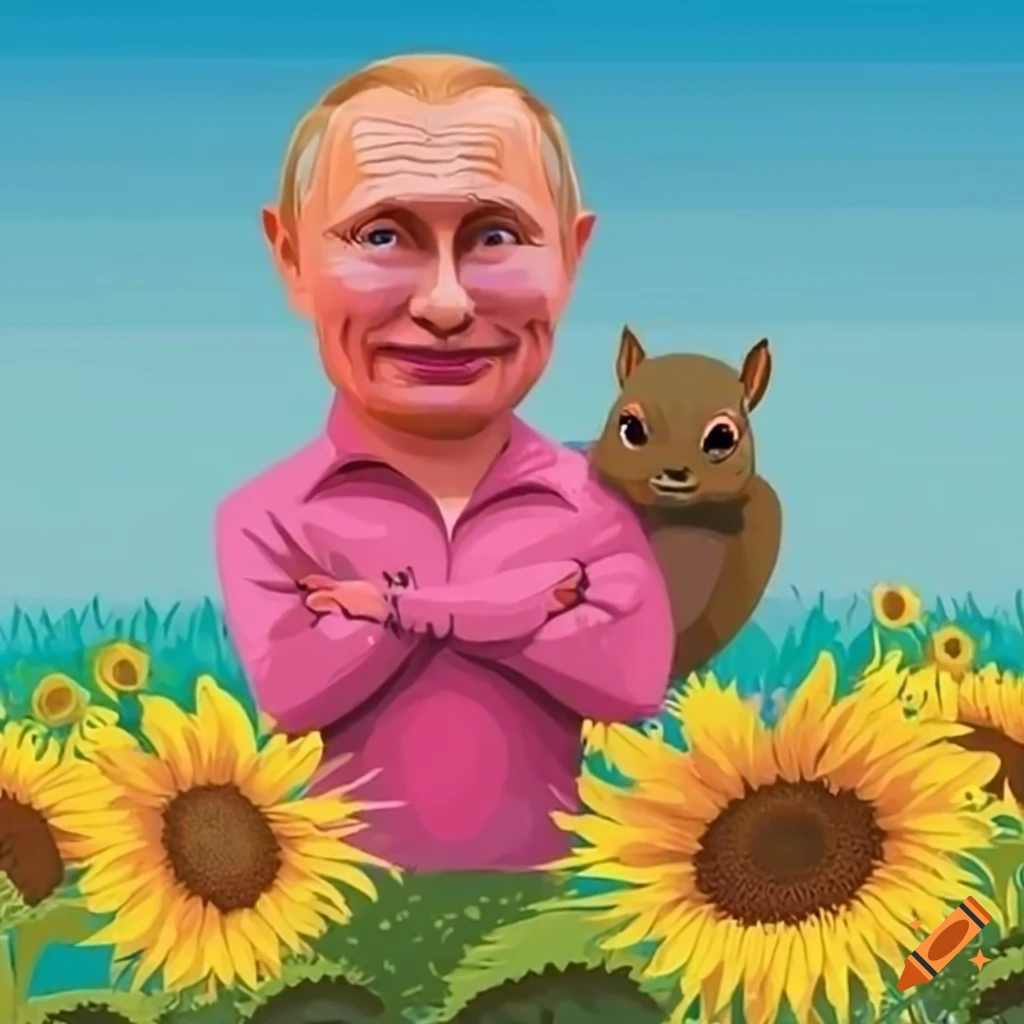 Satirical image of Vladimir Putin with a squirrel in a sunflower field ...