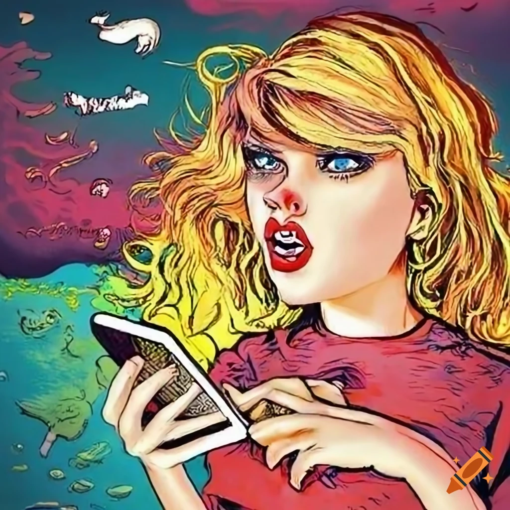 Colorful Humorous Illustration Of Taylor Swift On Phone