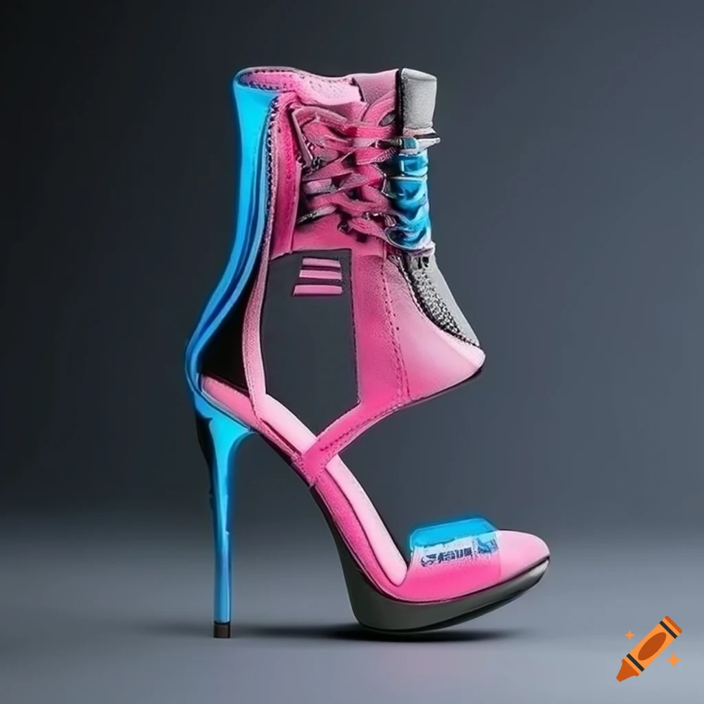 Cyberpunk high heel shoes in pink, grey, black, and blue on Craiyon