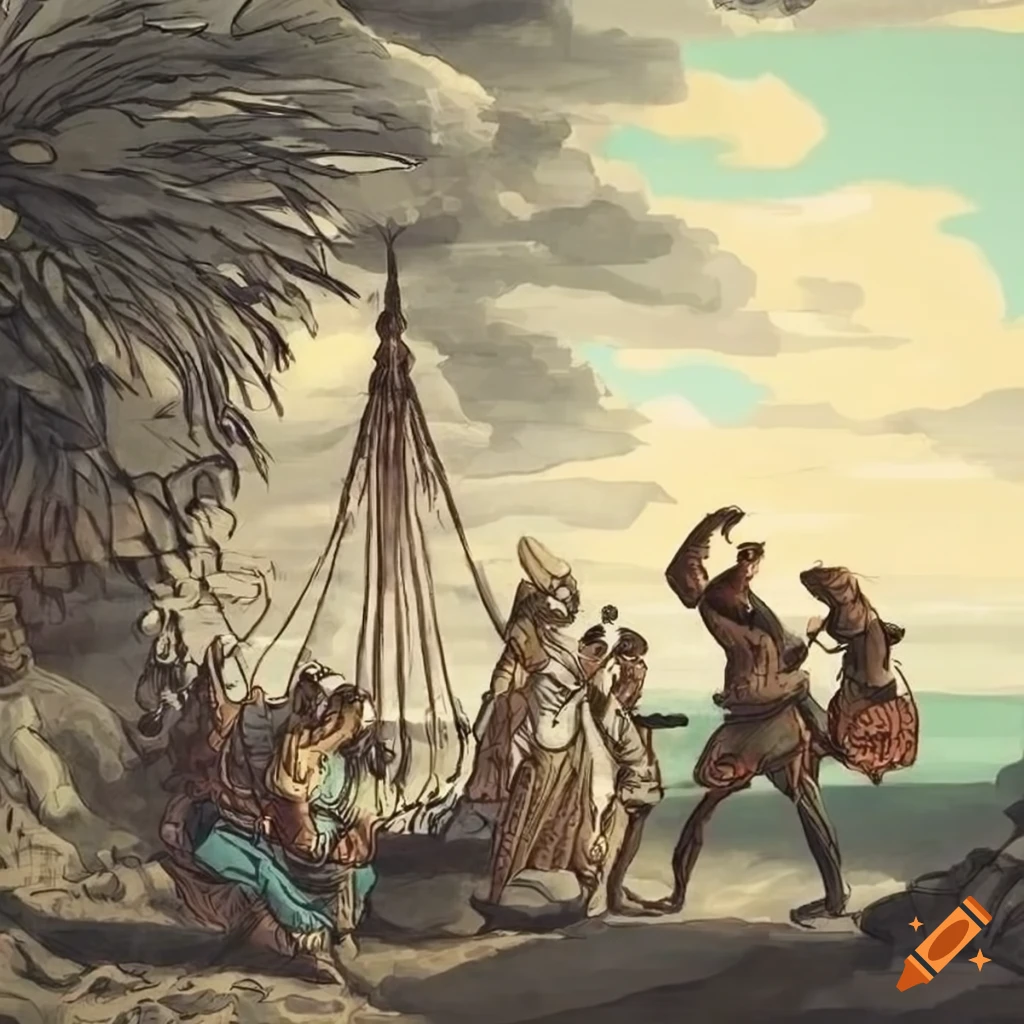 Line art of portuguese explorers in java on craiyon