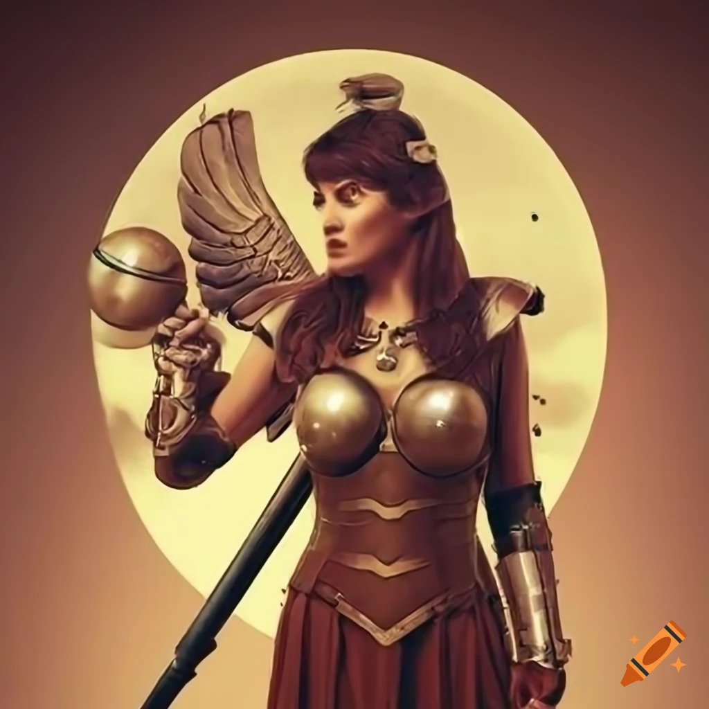 steampunk propaganda poster of a valkyrie with a baseball bat