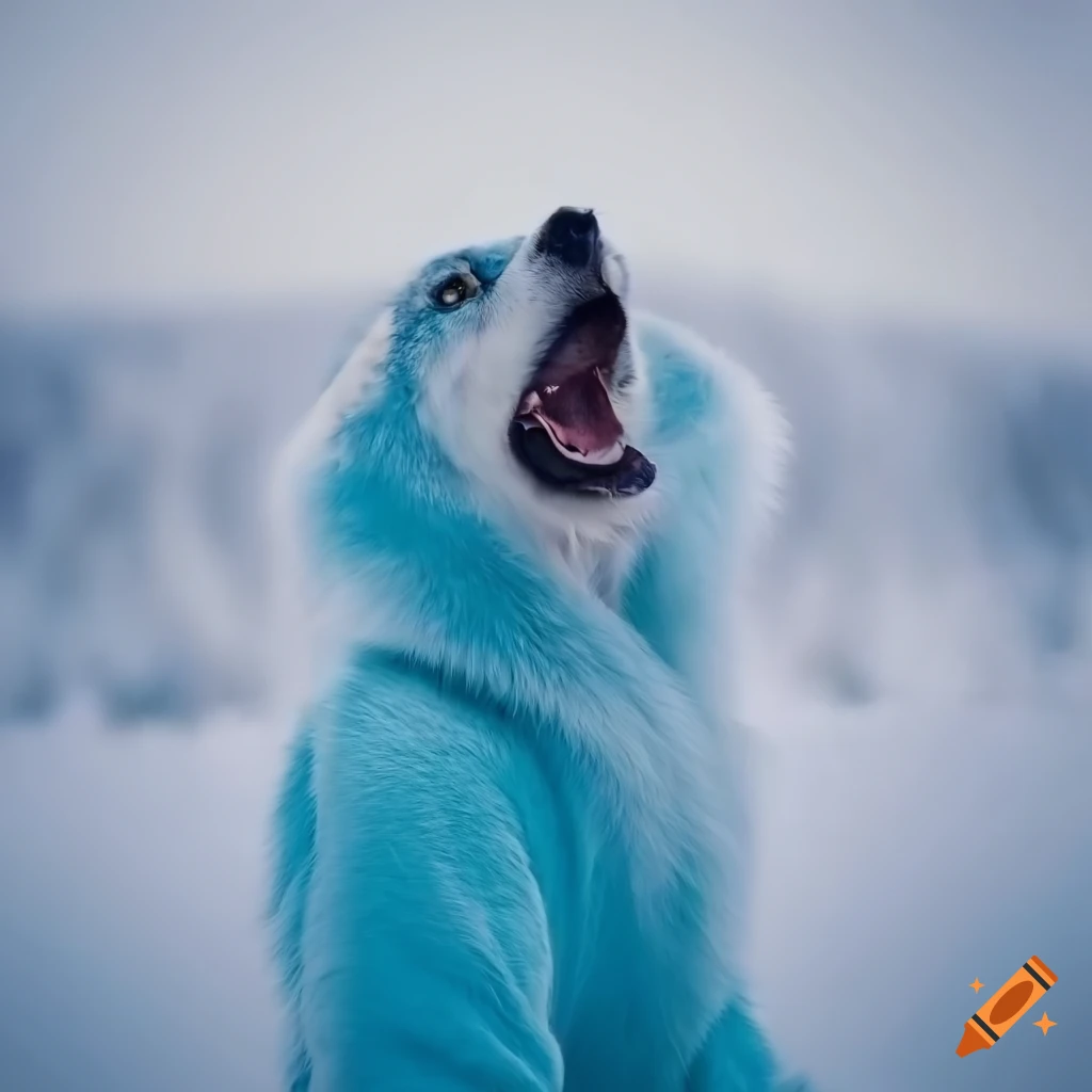 Fluffy blue wolf howling in snowy landscape on Craiyon