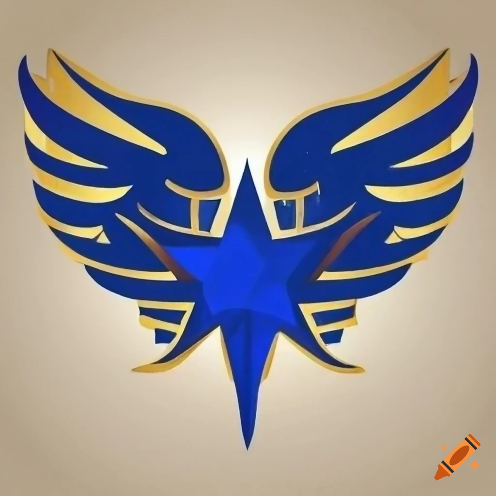 Gold and blue logo with wings and a star on Craiyon