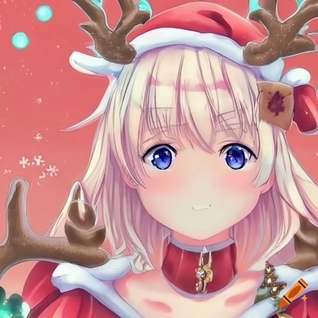 Anime Christmas Illustration With A Reindeer And A Girl 3207