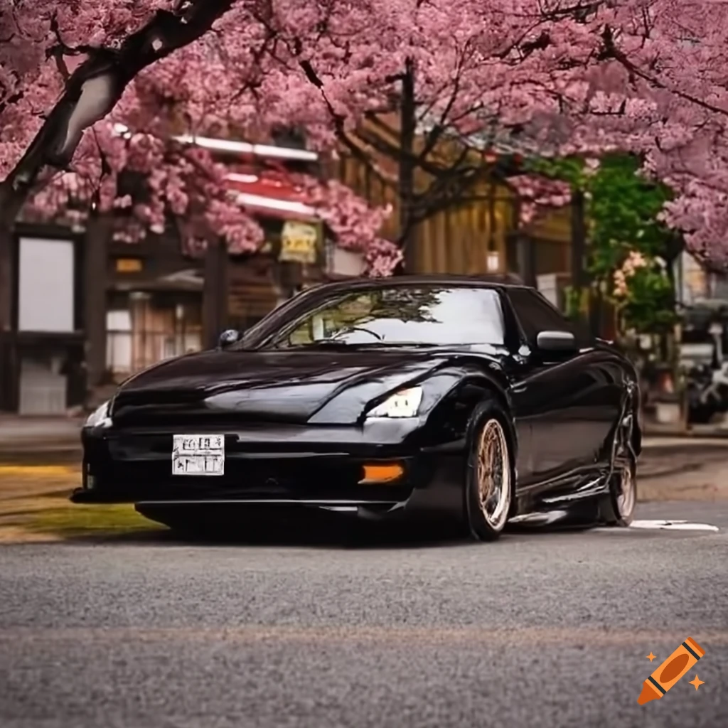 Black jdm toyota celica in front of a japanese tofu shop with cherry blossoms on Craiyon