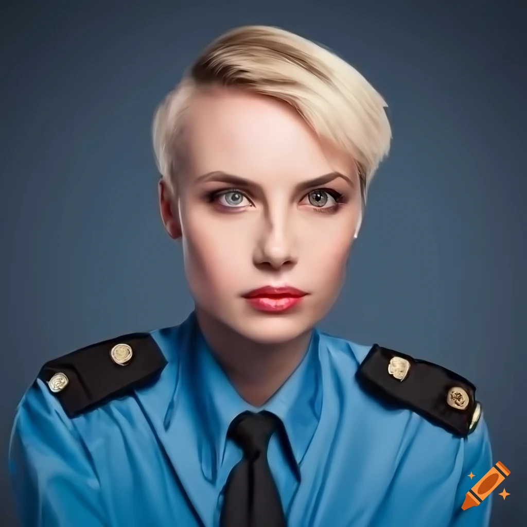 portrait of a strong woman in blue police uniform