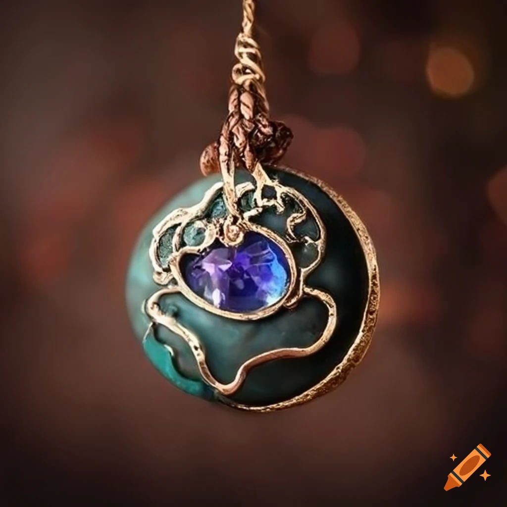 Fantasy metal amulet with a crystal hanging on a leather cord