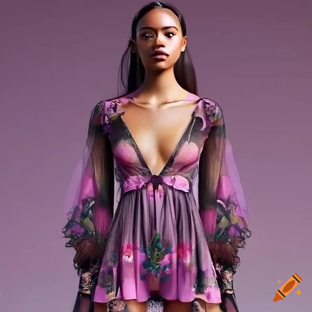 Photorealistic resort '24 revealing mini dress with scoop neckline, defined  waist detail, adjustable back straps and tiered ruffle hem in bold print  containing steel grey, dark garnet and pink blush on Craiyon