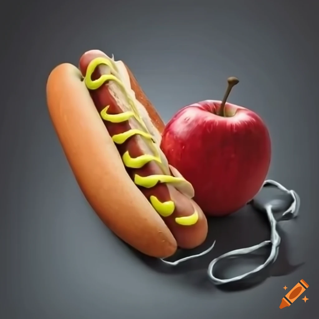 Delicious hot dog with a red apple