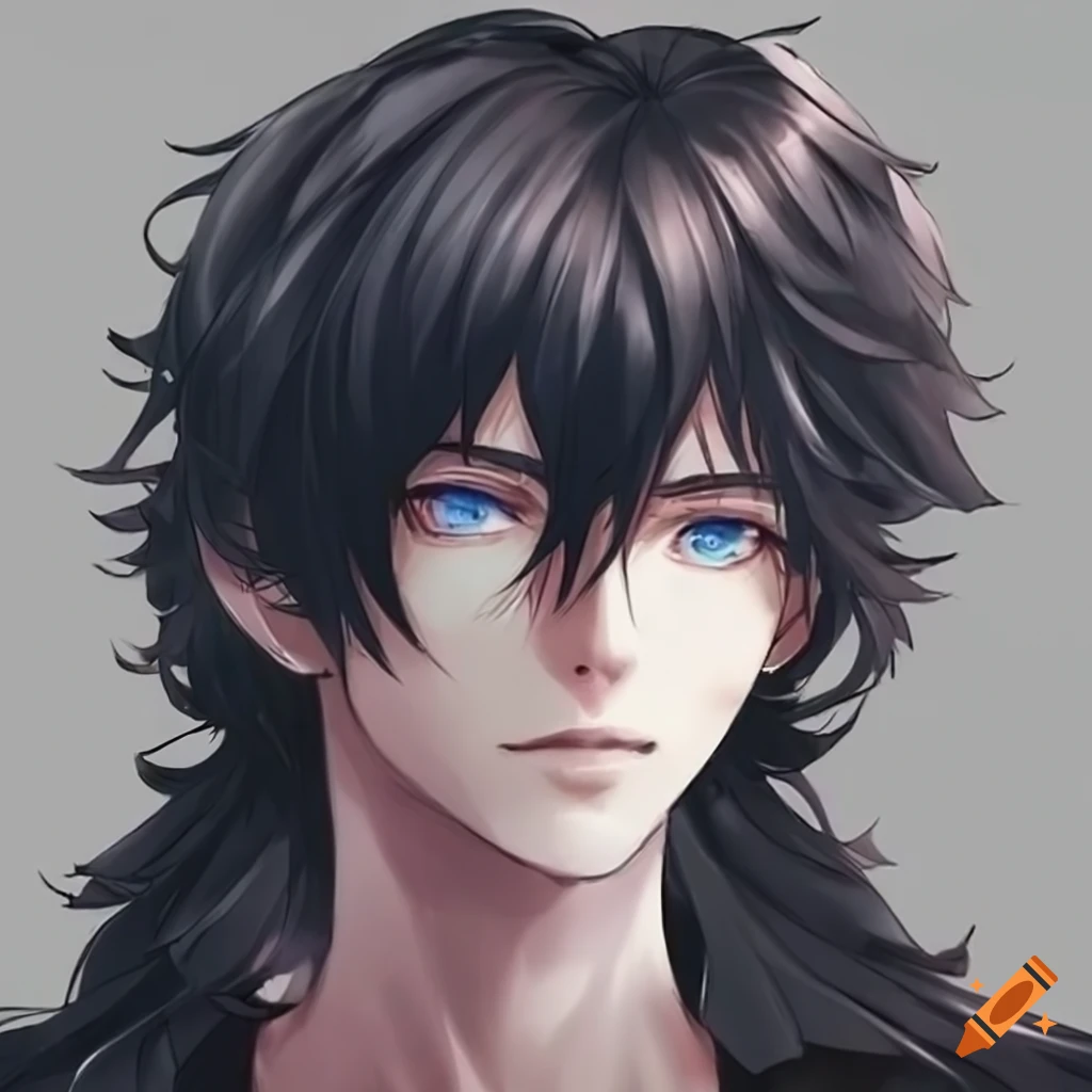anime character with long black hair and blue eyes