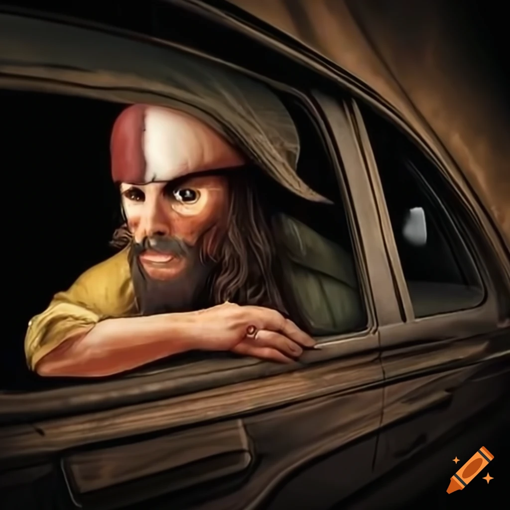 Picture of a pirate looking out of a car window
