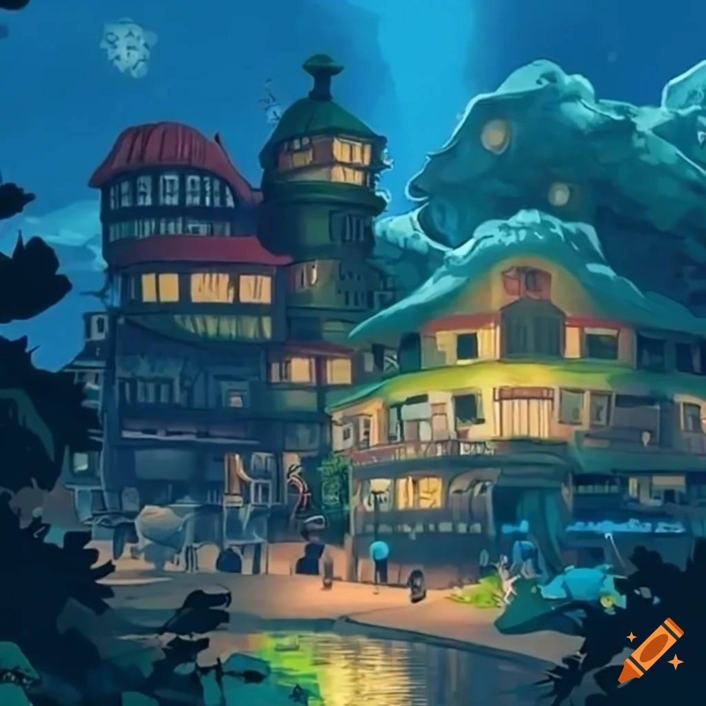 picture of a beautiful Ghibli-inspired port town