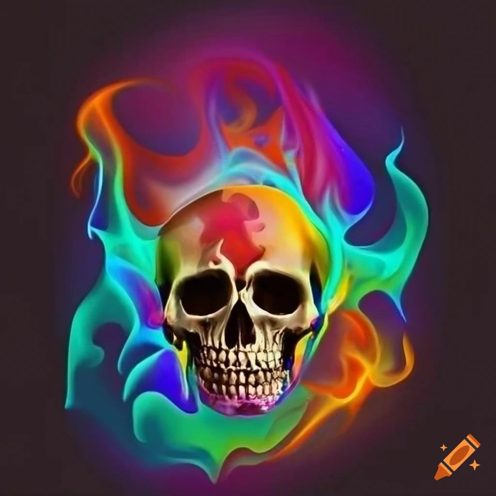 Colorful flames surrounding a skull