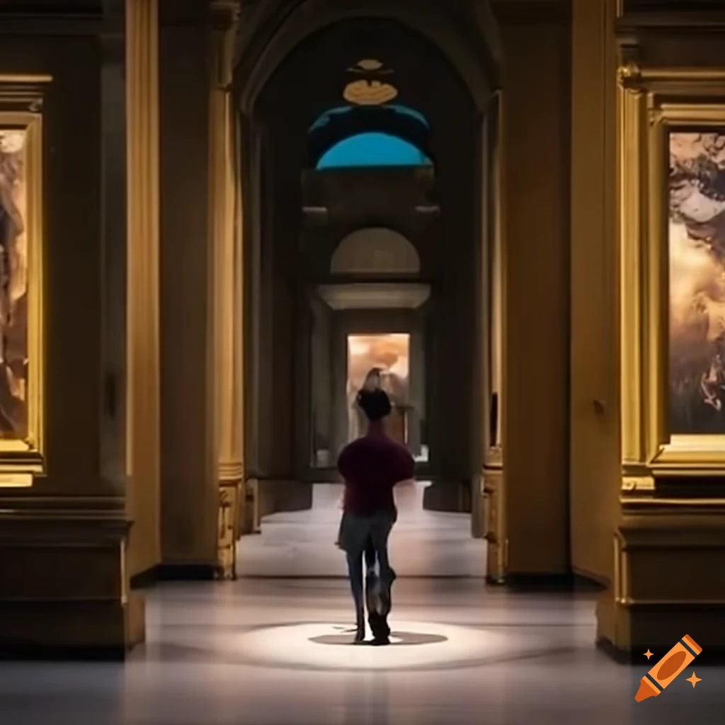 Man chasing a golden tablet in a museum on Craiyon
