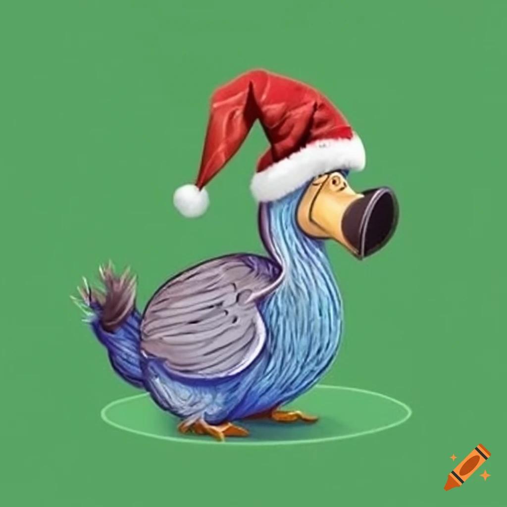 Green and blue dodo bird wearing a christmas hat