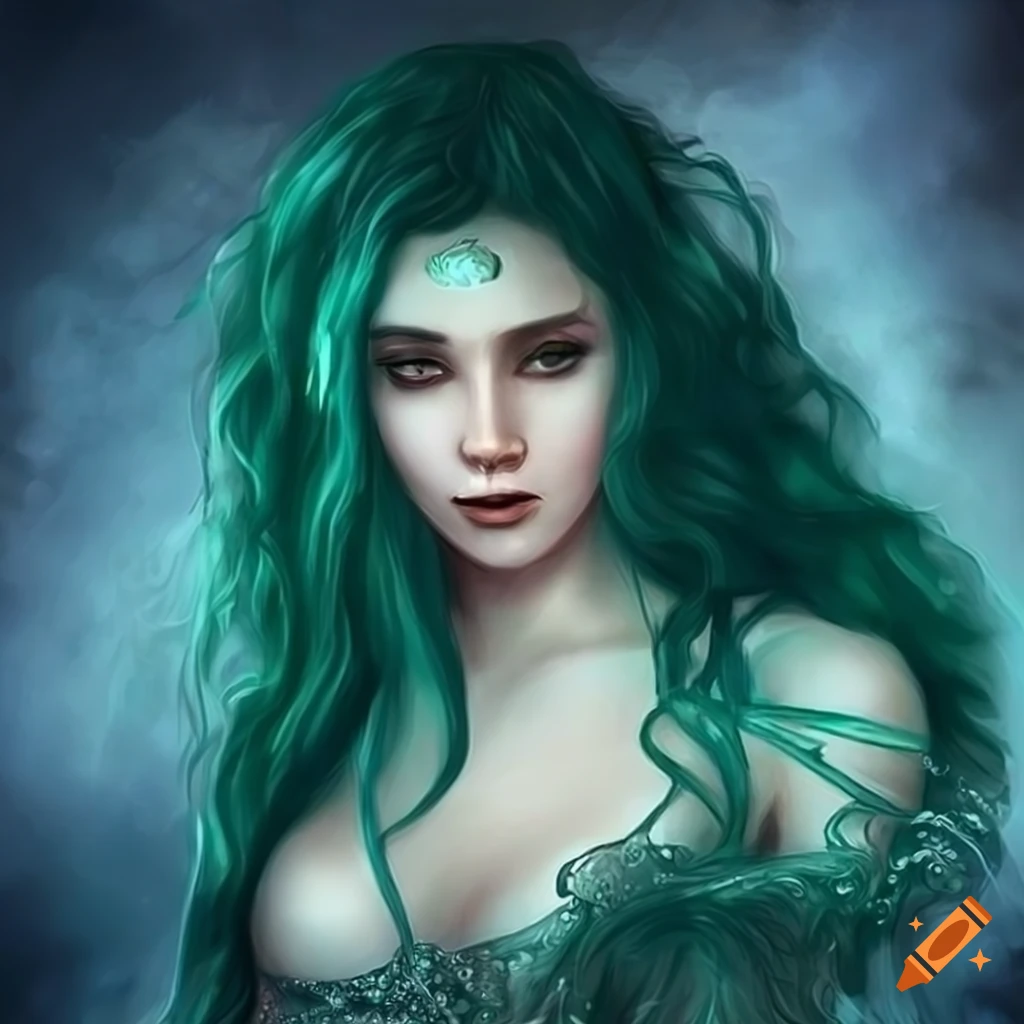 Illustration Of A Stunning Mermaid With Green Hair And Pearl Jewelry On girl-in-flowing-dark-green-dress-with-black-horse-featuring-a-white