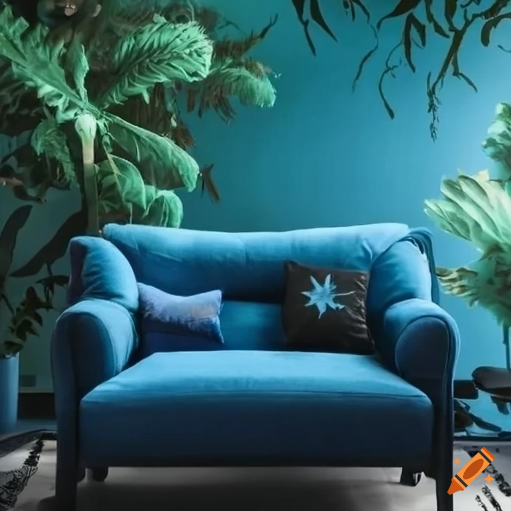 blue gaming couch with pillows surrounded by plants