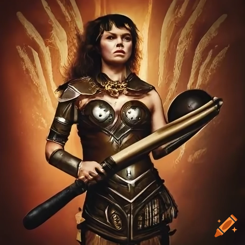 steampunk solarpunk futuristic propaganda poster with a valkyrie holding a silver sphere volleyball