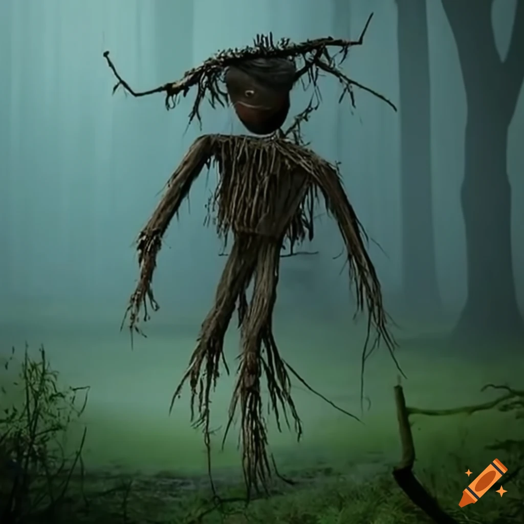 eerie scarecrow made of twigs running in the woods